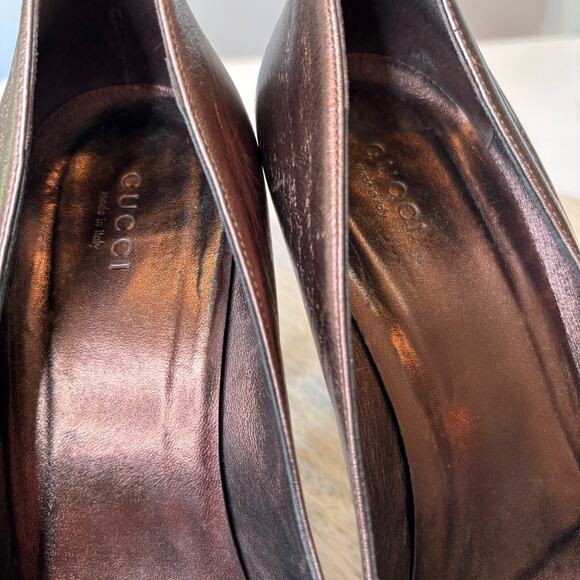 Authentic Gucci Metallic Bronze Brown Leather Platform Heels Pumps US Size 8.5 B - Picture 10 of 10